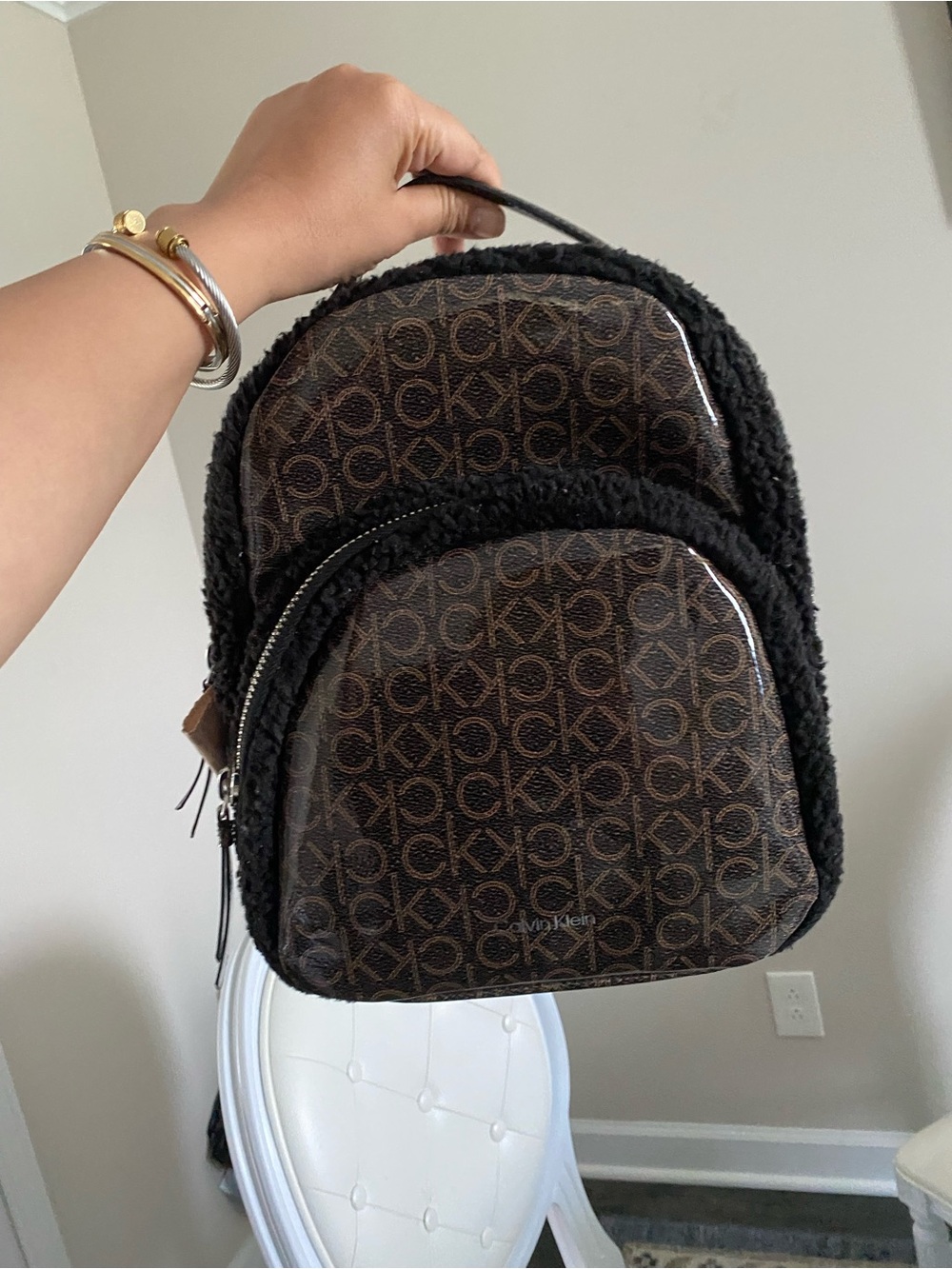 Calvin Klein Brown & Black CK Logo Sherpa-Trim Backpack